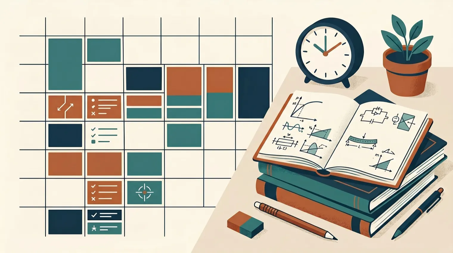 A study calendar and clock beside a stack of engineering books, representing focused exam preparation time