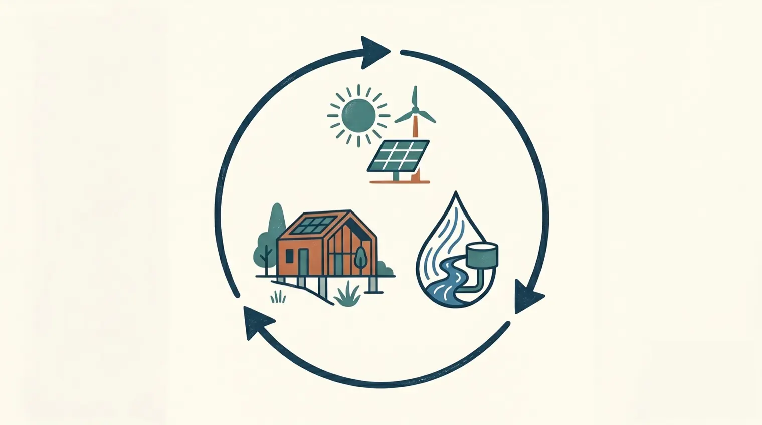 A life-cycle loop circling icons for renewable energy, a resilient building, and water, representing sustainability and resilience