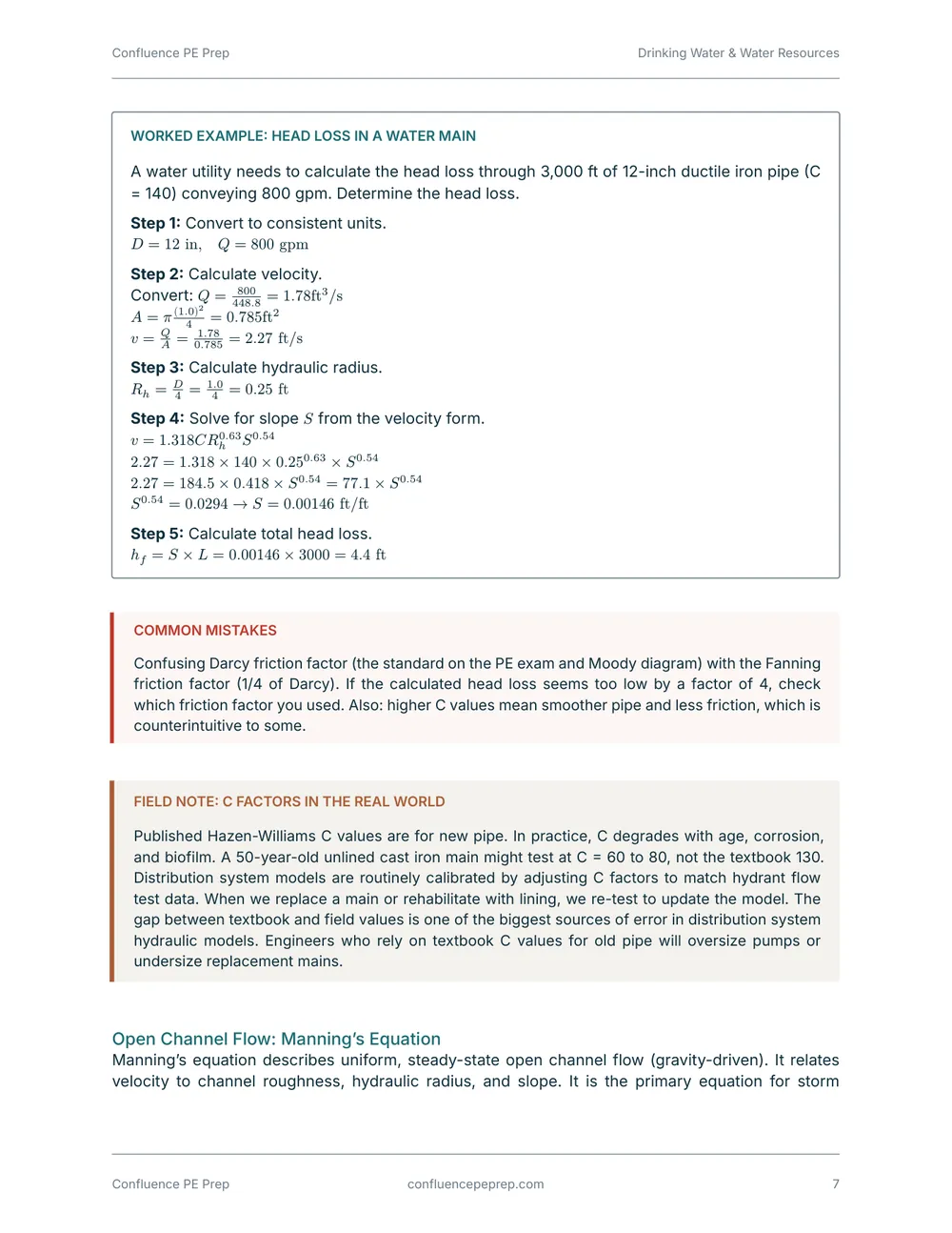 Worked example page: step-by-step head loss calculation with a Field Notes sidebar
